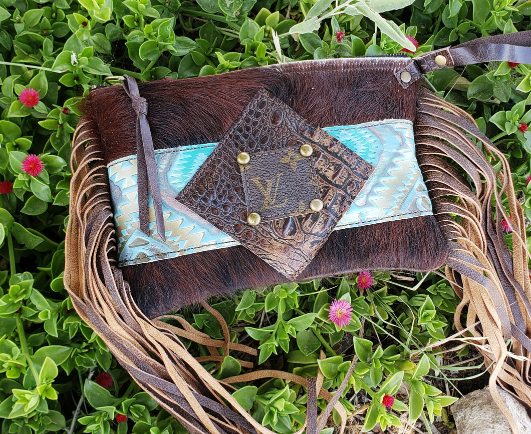 Turquoise Aztec LV Patch Wristlet