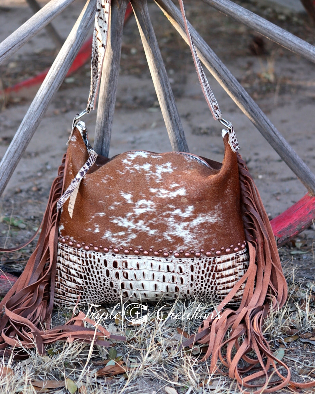 Cowhide and Cream Gator Shoulder Bag