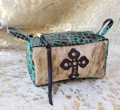 Brindle Cowhide with Cross Makeup Bag