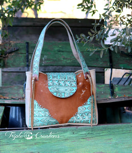 Spotted Cowhide Shoulder Bag- Turquoise Aztec Accents