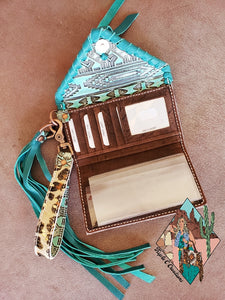 Leopard Trifold Wallet - Turquoise Tassel